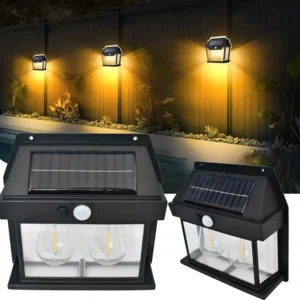 Solarni fenjer sa senzorom pokreta i dve retro sijalice, postavljen na zid