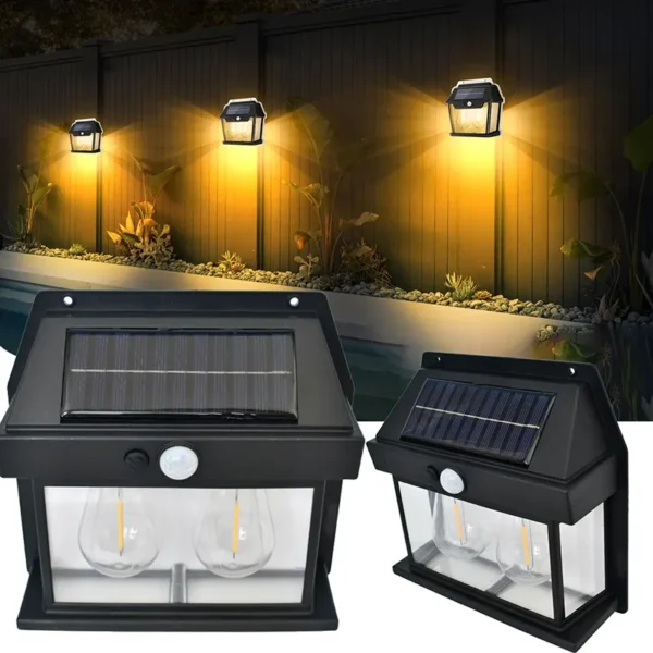 Solarni fenjer sa senzorom pokreta i dve retro sijalice, postavljen na zid