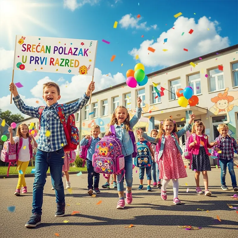 Srećna deca sa rančevima skaču od sreće zbog polaska u prvi razred