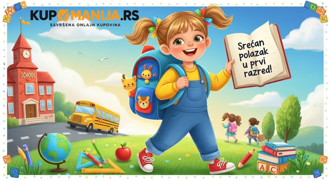 Ilustracija dečaka i devojčice koji idu u školu sa rancima