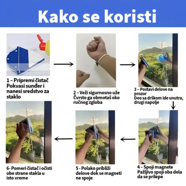 Magnetski čistač prozora u akciji tokom pranja velikog staklenog portala