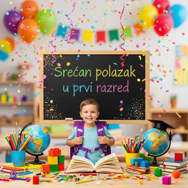 Grupa srećne dece ispred škole, spremni za prvi razred