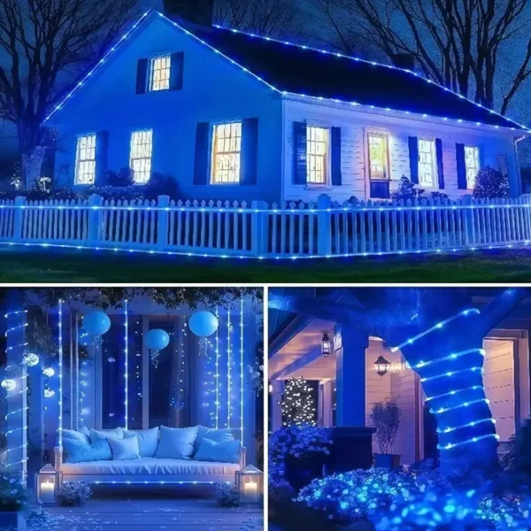 Plave LED lampice za prozore i ivice krova pružaju prijatan hladan ton